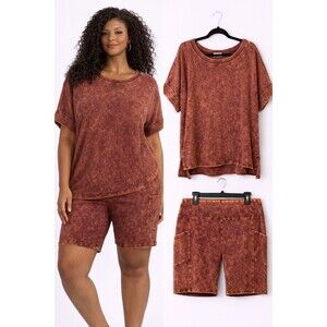 Zenana Acid Wash Top T Shirt Biker Shorts 3X Brick Color Set 2 Piece